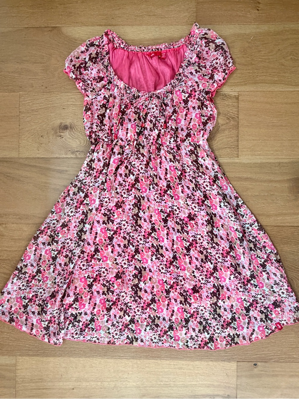 VTG Esprit EDC Mini Dress Y2K Ditsy Floral Boho Pink Babydoll Cap Sleeve Small/6